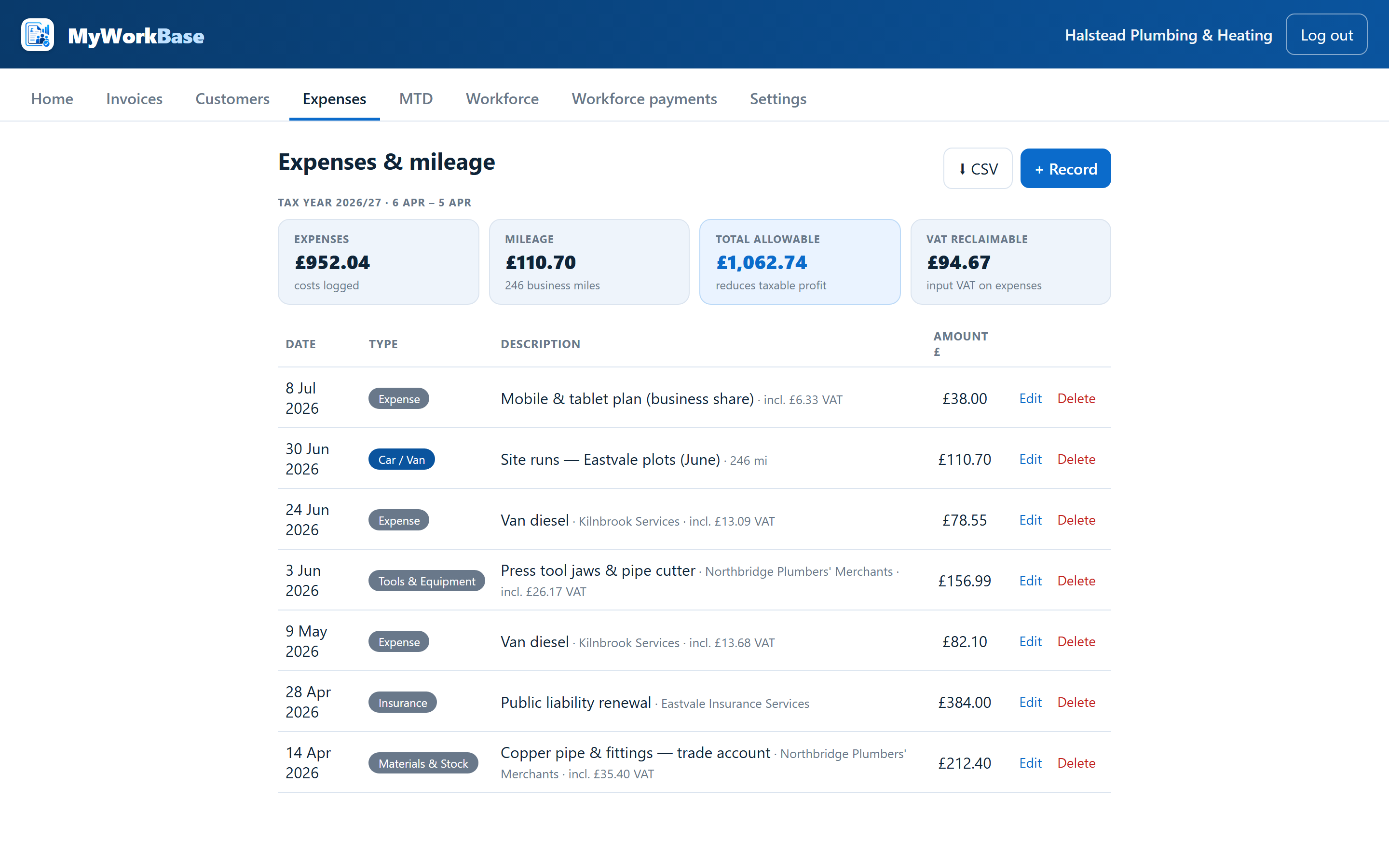 MyWorkBase expenses screen with logged costs