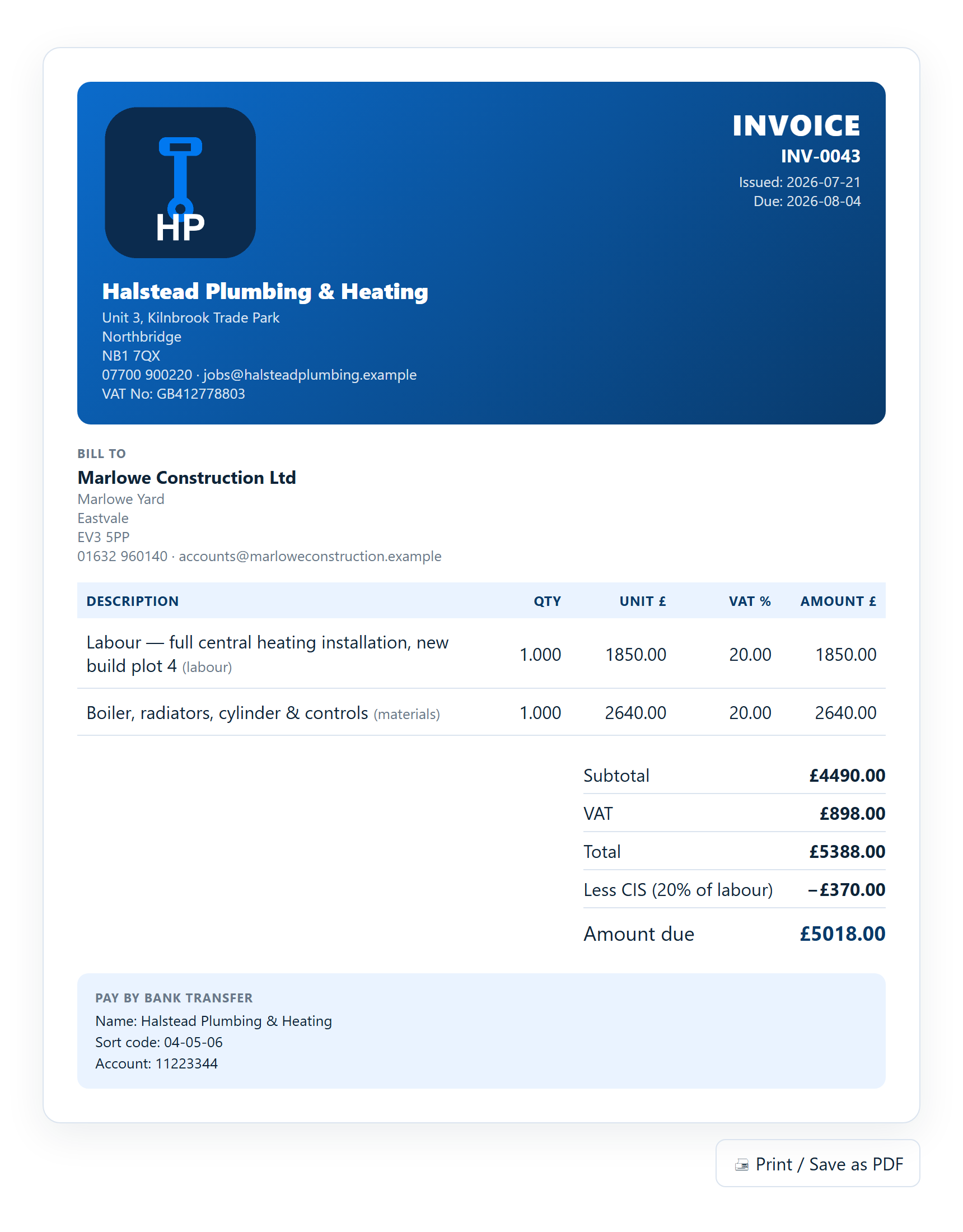A finished MyWorkBase invoice PDF with CIS deduction and bank details